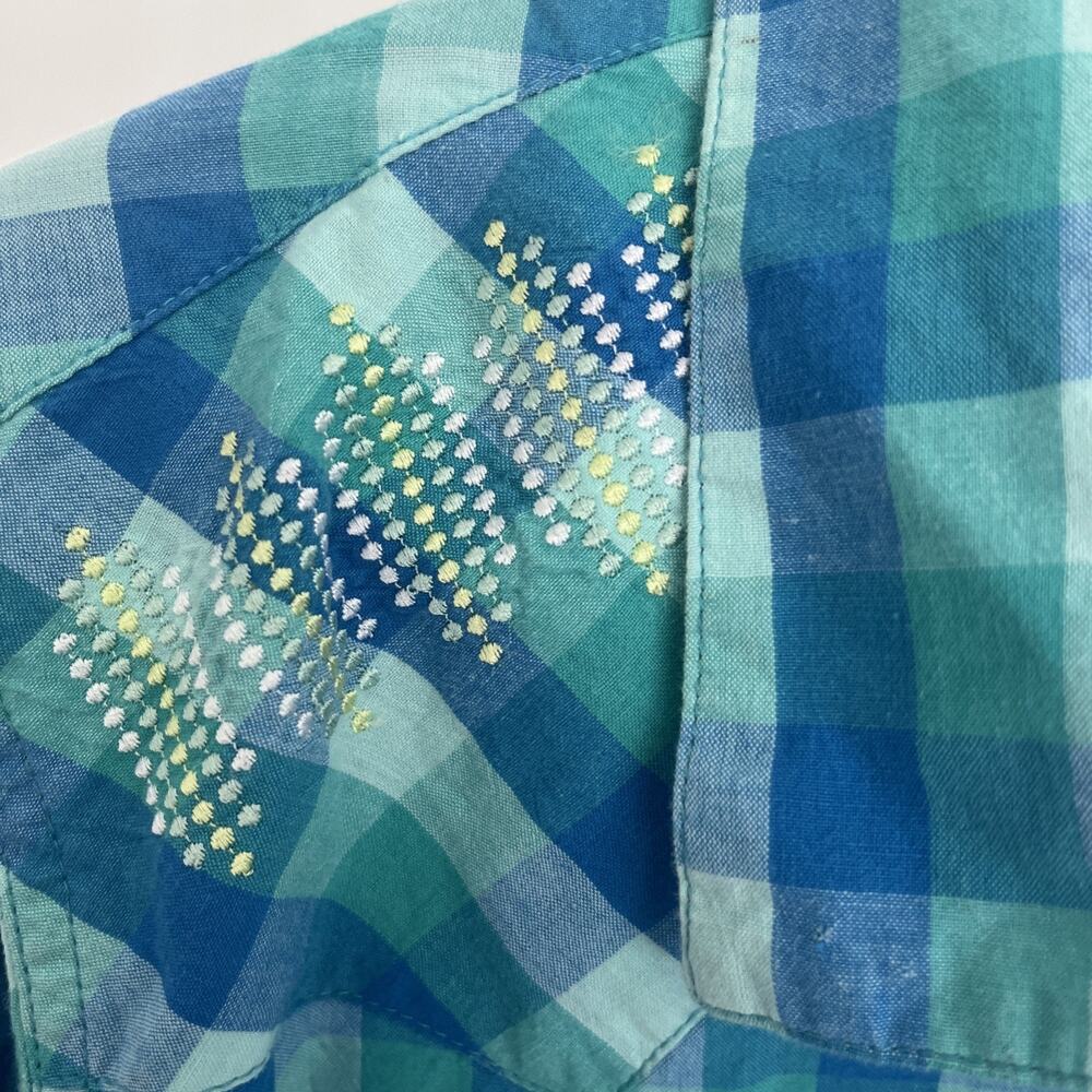 VTG Panhandle Women Snap Front Shirt Turquoise Aztec Beads Roll Tab Large - Picture 9 of 15